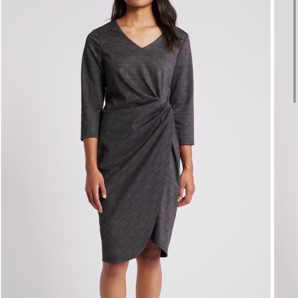 Elegant Tahari ASL Glen Plaid Gray Women's Side Ruched Dress